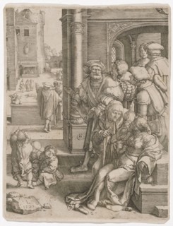 Vergil in the basket, 1525, copperplate engraving, sheet: 24.3 x 18.8 cm, U. l., Monogrammed and