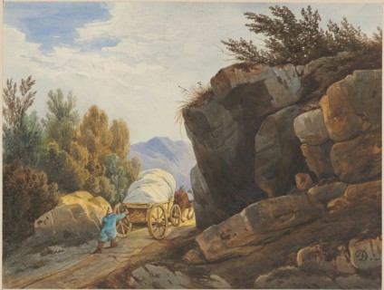 High loaded wagon on mountain path, pencil, watercolor, mounted, leaf: 19.1 x 25.4 cm, U. r.,