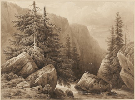 Mountain stream between rocks, 1848, pencil, brush in brown, washed, opaque white, leaf: 23.6 x 32