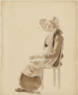 Seated woman with wide-brimmed hat to the left, pencil, washed in brown, leaf: 22.9 x 18.9 cm,