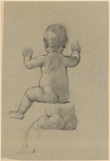 Sitting child act, back view, pencil on gray-blue paper, mounted, leaf: 34.7 x 23.6 cm, not marked,