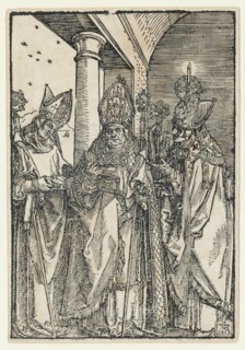 The Holy Bishops Nicholas, Ulrich and Erasmus, around 1505 (print later), woodcut, image: 21.3 x 14