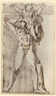 Naked youth, carrying a child in Chlamys with cloak on his left shoulder, 1790/1800, pen in brown,