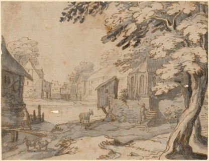 Village landscape with brook and gothic chapel, around 1622, pen in brown, gray wash, above sketch