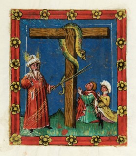 Initial T with Moses and the Bronze Snake (beginning of the Canon Missae), mid 15th c., Cover color