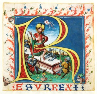Initial R with the Resurrection of Christ, mid-15th century, cover color on parchment, spread over