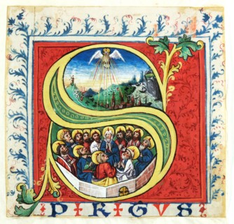 Initial S with the Pentecost, mid 15th c., Cover color on parchment, Spread over paper, sheet: 10.7