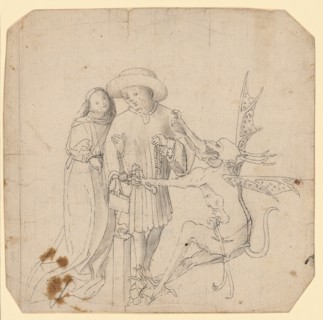 Dispenser at the sacrificial floor, standing between angel and devil (after Konrad Witz?), C.