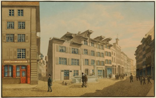 Stäblinsbrunnen (= Simson Fountain) and former housing complex on the grounds of the New Post