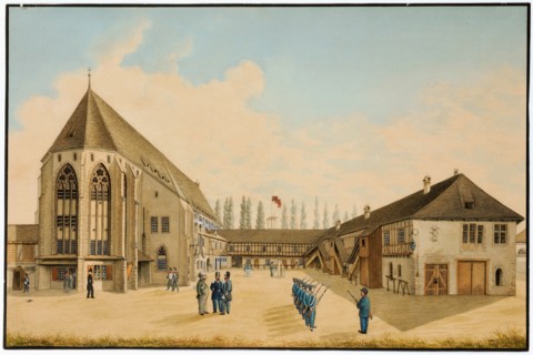 Barracks yard in the former monastery Klingental in Basel, feather in black over pencil, watercolor
