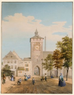 The Bläsitor seen in Kleinbasel from the Bläsistrasse (today: Klybeckstrasse), 1865, pen in gray,