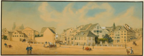 Steinenberg and Birsig in Basel, pen in blue, watercolor and cover color on paper, Rectangle border