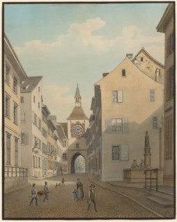 View from the Blumenrain to the St. Johanns Schwibbogen in Basel, pen in gray, brown and black,