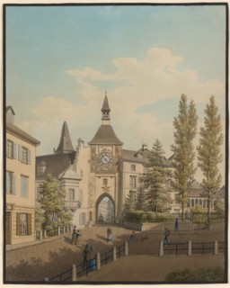 View over the Totentanz on the Seidenhof, the St. Johanns Schwibbogen and the Erimanshof in Basel,