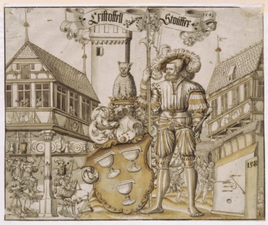 Broken glass with coat of arms Christoph Stauffer, in the background the stachelschützenhaus on