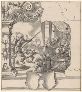 Broken glass with David's fight against Goliath and Narrenfalle, including two empty escutcheons, c