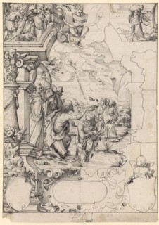 Slice tear with baptism of Christ, in the upper pictures sermon of John the Baptist and Christ as