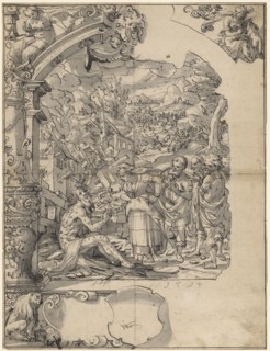 Slice tear with the taunting of Job, in the upper corner pictures Fides and Caritas, below empty