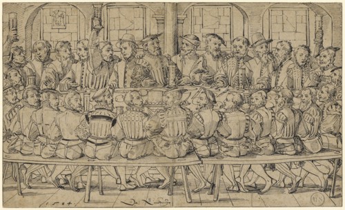 Guild Feast, 1584, feather in black, leaf: 21.5 x 35.4 cm, U. l., dated: 1584, u, ., M. signed: Da: