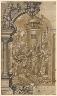 In the corner picture David beheaded Goliath, around 1545, feather in black, partly gray washed,