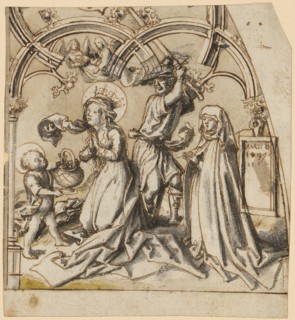 The decapitation of St. Dorothea, and donator, pen in brown, over traces of chalk outline, gray