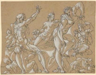 Figure studies, 1591, feather in black, heightened with white, on brownish paper, sheet: 16.6 x 21