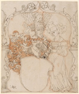 Broken glass with woman as shield holder and empty coat of arms, feather in brown, in places bright
