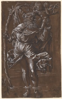 The hl., Christophorus, feather in black, heightened in white, on dark brown primed paper, folia:
