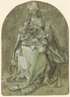Mary with Child on the grassy bench, feather in black, greyish-green washed, heightened in white,