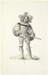 Elder Landsknecht, 1st half of the 16th century, feather in black, silhouetted, mounted on backing