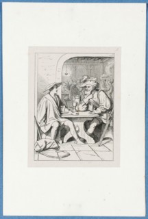Holbein meets a countryman in the tavern, around 1857, pen lithograph, mounted on base paper,