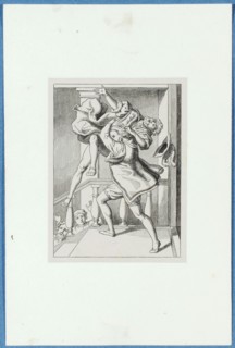 The irascible Holbein throws down a member of parliament down the stairs, around 1857, pen