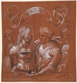 Unequal pair, c. 1510, pen in black, washed, brush and pen in white, partly tinted with a brush in