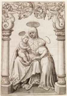 Disc rupture with St. Anna Selbdritt, c. 1520, pen in brown, gray washed, laminated with Japanese