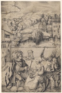 Confederate and devil-obsessed old woman in a courtyard, 1st quarter of the 16th century, feather