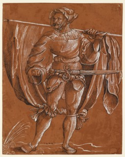 Standard Bearer, 1522, pen in black, heightened with white, on brown primed paper, foliate: 24.9 x