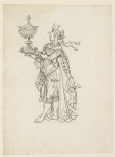 Antiquated robed girl with large trophy, to the left (Fortuna), 1st half of the 16th century, Black