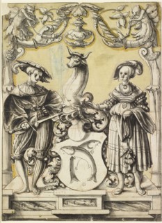 Slice tear with a coat of arms with crossed fish, 1529, feather in black, gray wash, kl.,