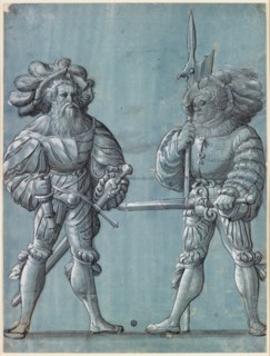 Two standing warriors, feather and brush in black and gray, heightened in white, cut out along the