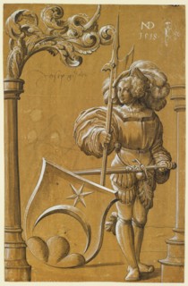 Disc tear with shield holder and the coat of arms Jenner, 1518, pen in black, gray washed,