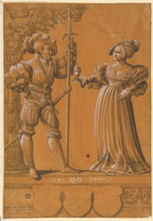 Broken glass with a woman handing the welcome drink to a lansquen with a lance, 1549, pen in black,