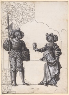 Broken glass with a woman handing the welcome drink to a halberdier and blank blazon, 1540, feather