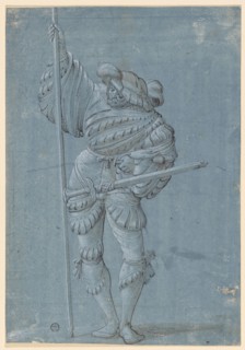 Standing warrior with spear, feather in black, gray washed, heightened in white, on greyish blue