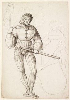 Halberdier and shield holder, 1st half of the 16th century, feather in dark brown, leaf: 31.3 x 21