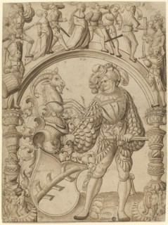Broken glass with coat of arms of the Tammann family (Lucerne), 1522, pen in brown, brownish wash,