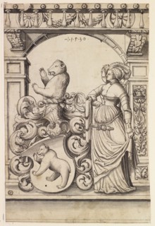 Broken glass with woman as shield accompanist and bear coat of arms, 1530, pen in black, gray wash,
