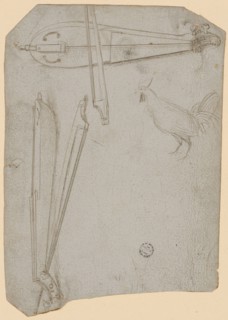 Sketch sheet with two stringed instruments and a rooster, silver pen, on white primed paper, Sheet: