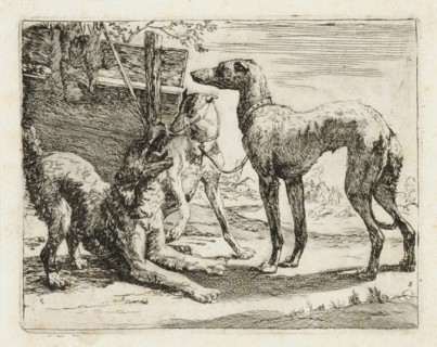Three dogs in front of a fence, etching, sheet: 14.2 x 17 cm |, Plate: 11.5 x 14.7 cm, in the plate