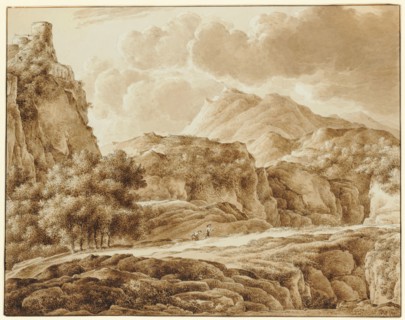 Two figures in a rocky landscape with castle ruins, brush (sepia) and feather (greyish-black) over