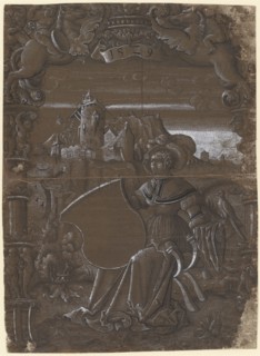 Disc tear with shield holder with empty escutcheon, a falcon on the left arm, 1529, pen in black,